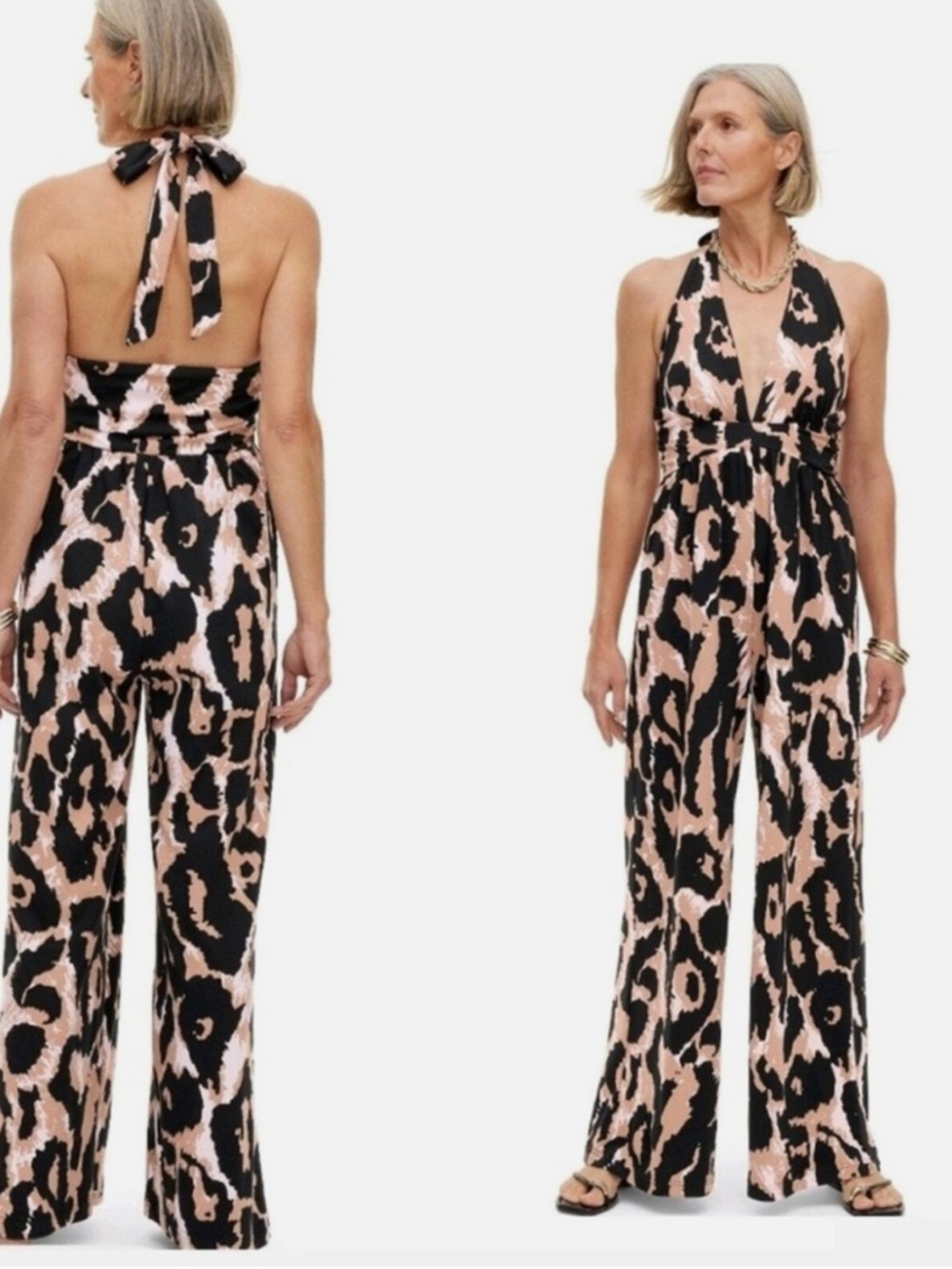 NWT DVF Diane Von Furstenberg Leopard Halter Jumpsuit XS Wide Leg